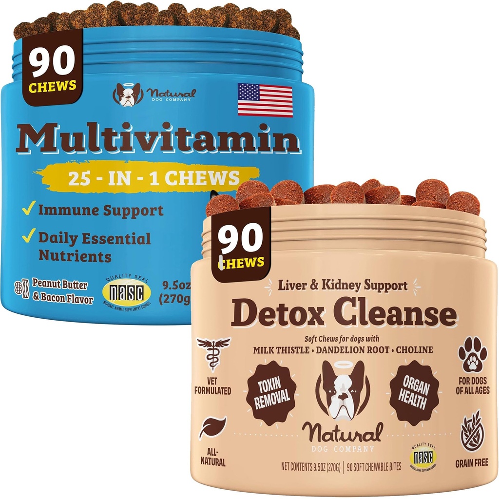 Natural Dog Company Multivitamin & Liver & Kidney Chews Bundle - Supporto completo per la salute per cani anziani, promuove la disintossicazione, la digestione migliorata, la pelle radiante & Coat, facile da amministrare