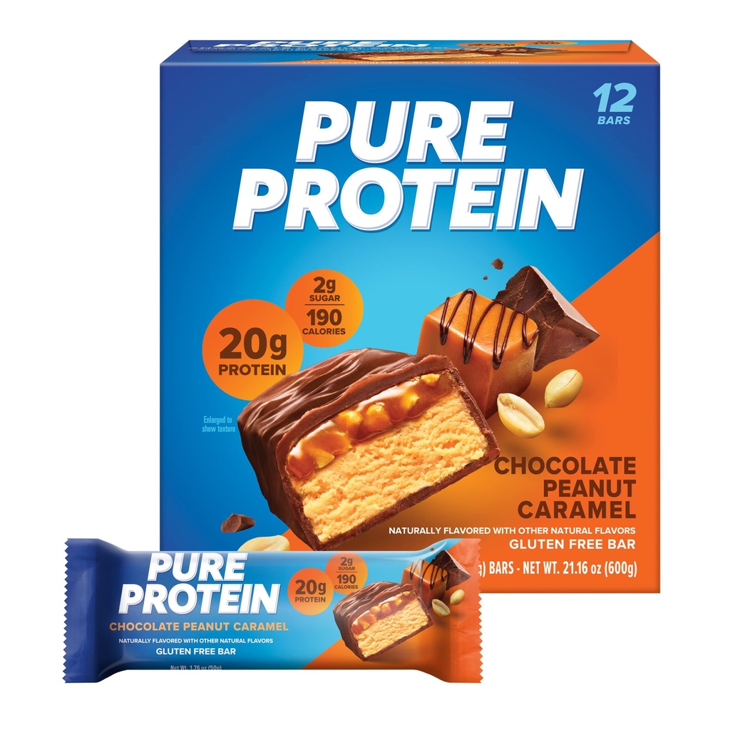 Pure Protein Bars, High Protein, Spuntini Nutritious per sostenere l'energia, basso zucchero, senza glutine, caramello di arachidi al cioccolato, 1,76oz, 12 conte (Pack of 1) (Packaging May Vary)