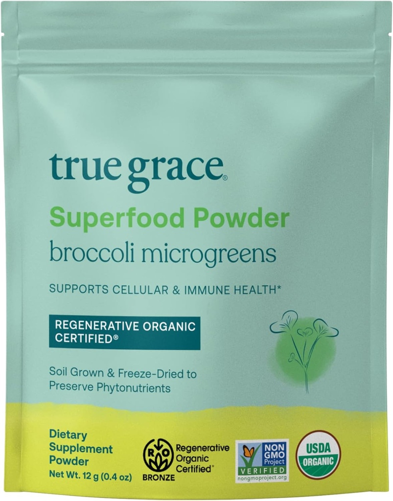 True Grace Broccoli Microgreens - 0,4 oz - Polvere Superfood giornaliera per la salute cellulare e immunitario - Gluten & Soy Free, Vegan, Biologico rigenerativo Certificato - 30 Serve