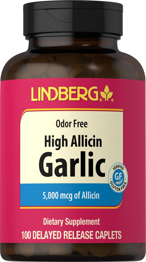 Lindberg Aglio Supplemento pillole | 500mg | 100 Caplets | Odorless con alta allicin (5000mcg) | Allium Sativum Extract | Non-GMO, Gluten Free