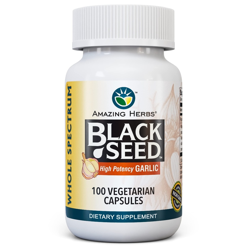 Erbe incredibili tutto Spettro Nero Seed & Aglio ad alta potenza, Capsule Vegetariani - Senza glutine, Non OGM, Vegan, Supporta Sistema immunitario, Funzione polmonare, & Salute cardiovascolare - 100 Conte