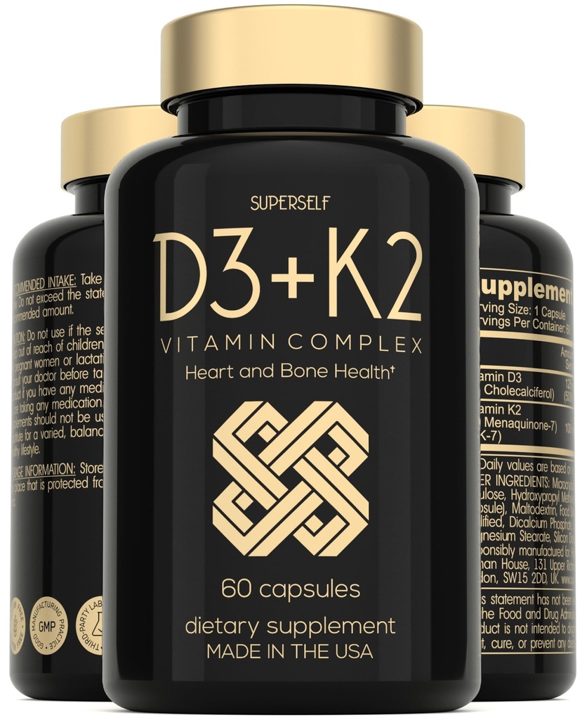 Vitamina D3 K2 Capsule - Vitamina D3 5000 IU e Vitamina K MK7 100mcg - 60 capsule - Integratore di vitamina D vegetariano USA - VIT D ad alta resistenza per ossa, muscolo, denti, sistema immunitario