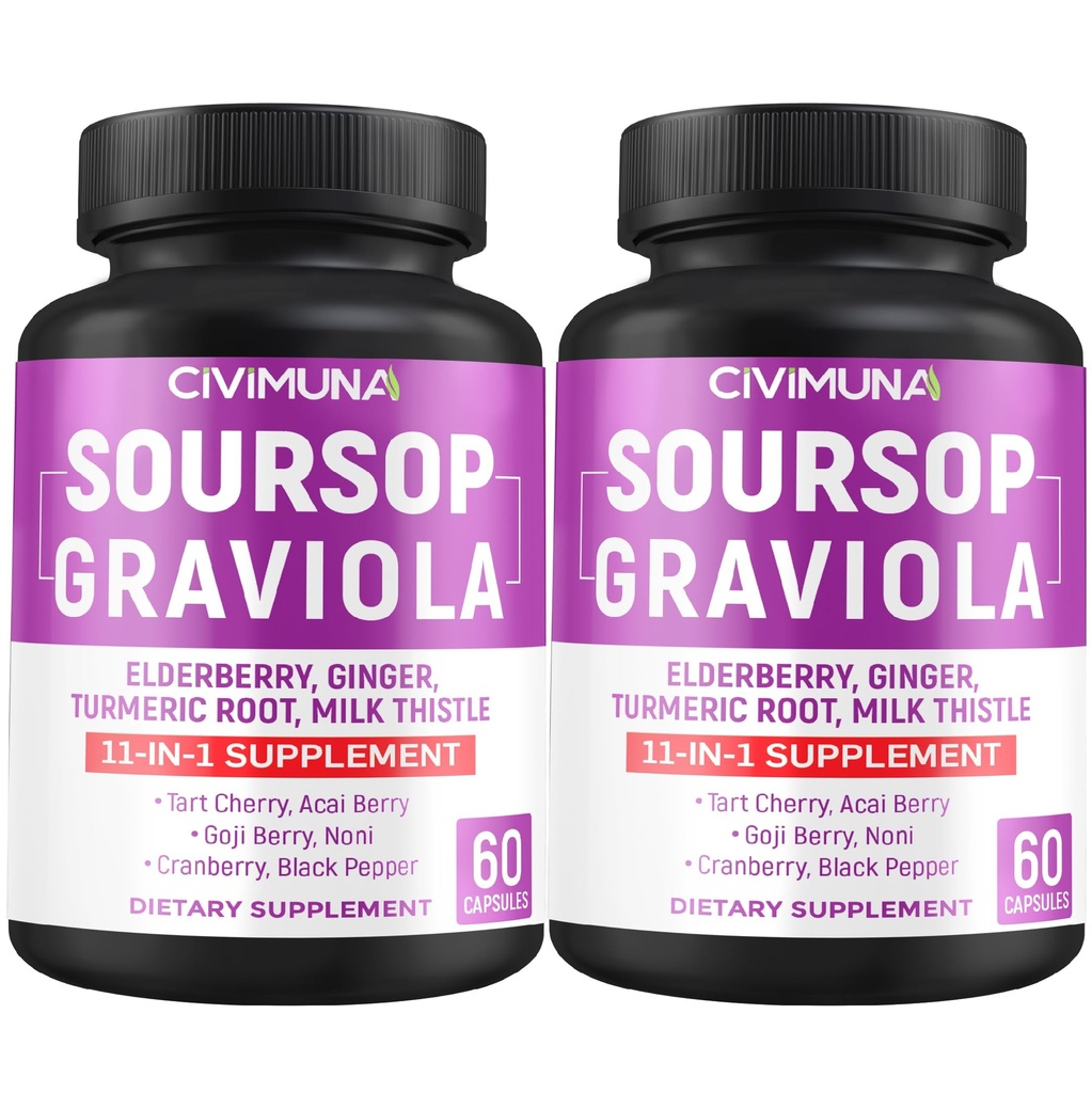 Soursop Graviola Capsules con Elderberry, Curcumina Turca e Altro - 120 Capsule per 4 Mesi di Alimentazione (Pack of 2)