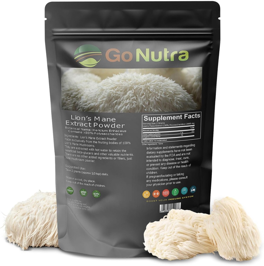 Go Nutra - Polvere di mane del leone, Potent 10:1 polvere di mushroom del leone con il 30% di polisaccaridi, estratto di mane del leone puro per tè, succo, acqua e altro, Non-OGM, Vegan, 4 oz