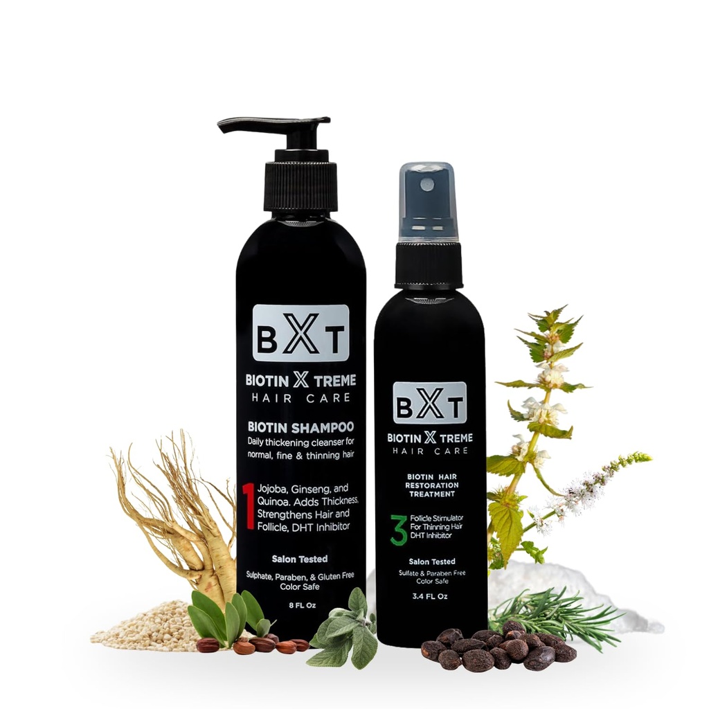 Biotin X Treme Hair Growth Bundle: Shampoo naturale (8 oz) & Hair Restoration Spray – DHT Blocker, Follicle Stimulator, Color-Safe, Sulfate-Free, Paraben-Free per la perdita di capelli