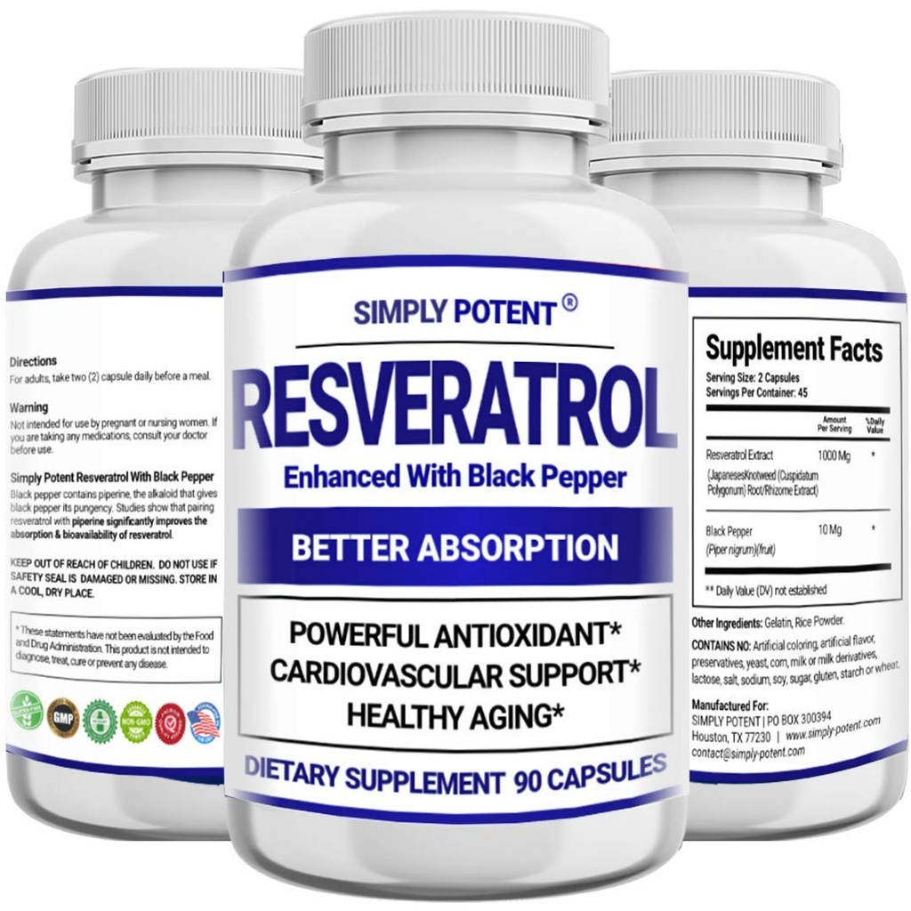 Resveratrolo 1000mg supplemento, Trans Resveratrolo 500mg, Resveratrolo potenziato con Pepe Nero per Max Assorbimento, Potenti Antiossidante & Anti-invecchiamento pillole per cuore, Immune & salute della pelle, 90 capsule