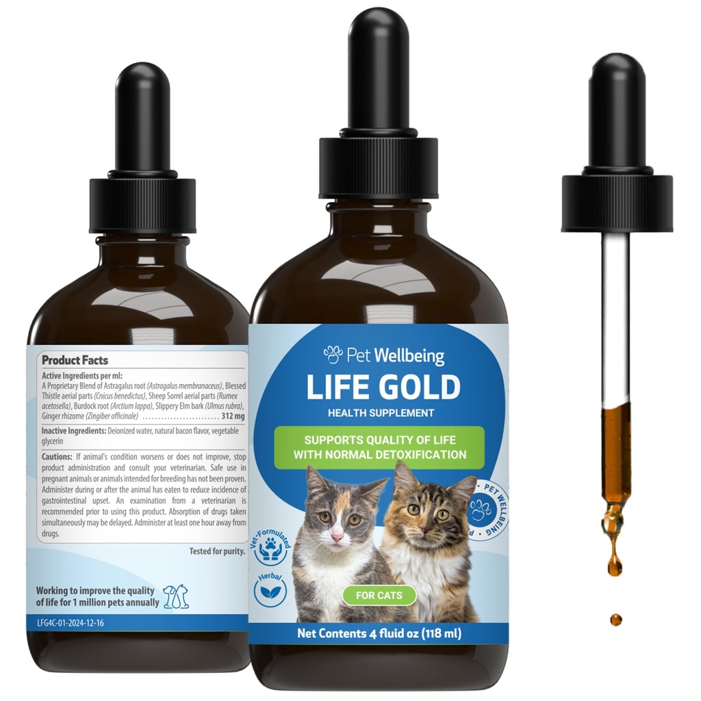 Pet Wellbeing Life Gold for Cats - Supporta la disintossicazione, Immune System Health, Antiossidanti - Vet-Formulated Herbal Supplement – 4 oz (118 ml)