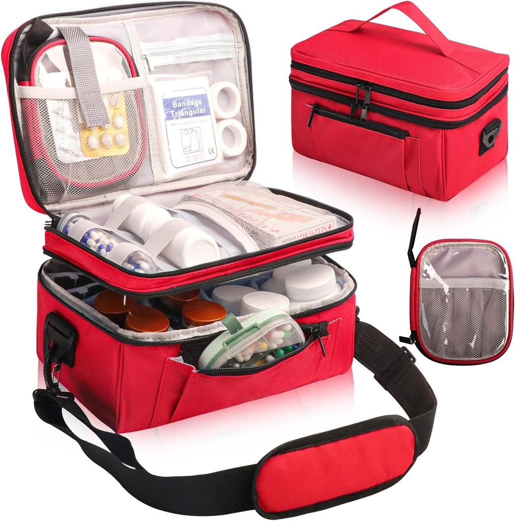 Borsa di Medicina per viaggiare con Portable Small Pouch, Double Layer Pill Bottiglia Organizer Custodia con Cerniera Lockable, Custodia da viaggio con spalline a spalla (Bag ONLY), Rosso