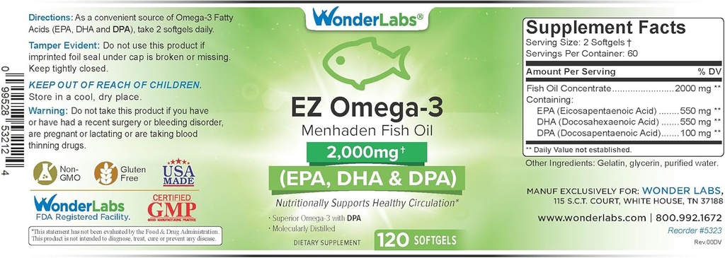EZ Omega-3 Atlantic Menhaden Fish Oil Supplement 2000 mg, Burpless, Made in Italy, EPA+ DHA + DPA 120 Softgels