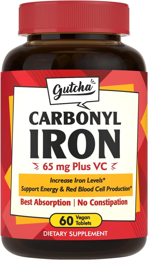 Ferro Supplemento, 65 mg Carbonyl Iron Plus Vitamina C, Energy & Blood Support for Women & Men, Better Absorption, Gentle on The Stomach, No Nausea, No Constipation, Vegan, Non OGM, 60 Ct