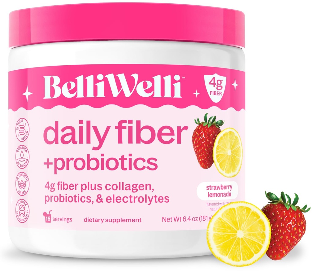 Belli Welli Fiber Supplemento per Women&Men, Premium Daily Fiber Powder from Organic Acacia with Aggiunto Collagen, Electrolytes&Probiotics, No Bloat, Constipation&Gut Health Support (Strawberry Lemonade)