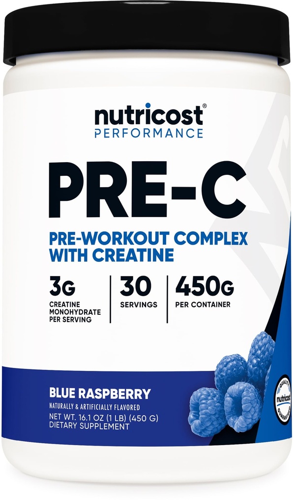 Nutricost Pre-C Pre-Workout Complex con Creatina (Blue Rasberry | 30 Servings) Polvere - Boost Fintess Routines, 450g