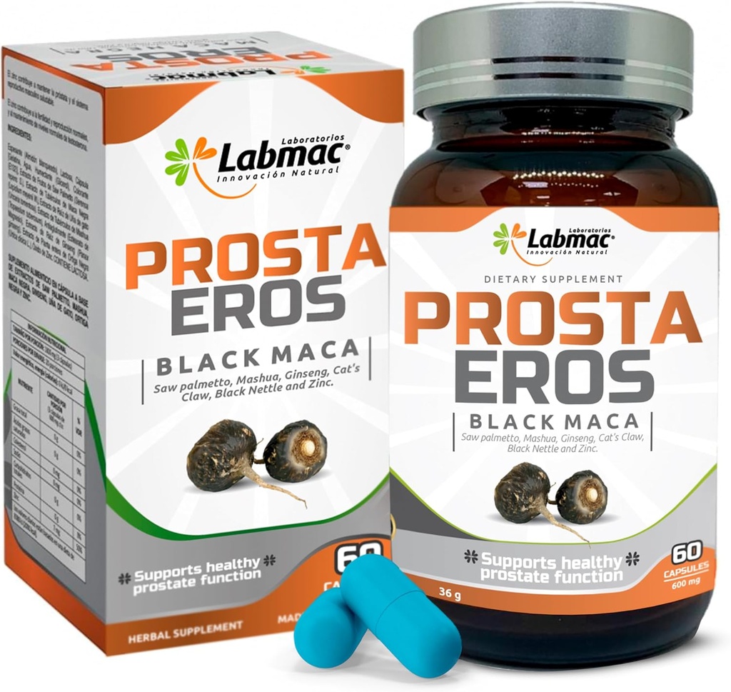 ProstaEros- Prostate Support Supplemento - 7 Ingredienti Naturali- Nero Maca, Sega Palmetto, Mashua, Claw del gatto, Gingseg, Nettle Nero e Zinco. Capsule 60 Conteggio (Pack of 1)