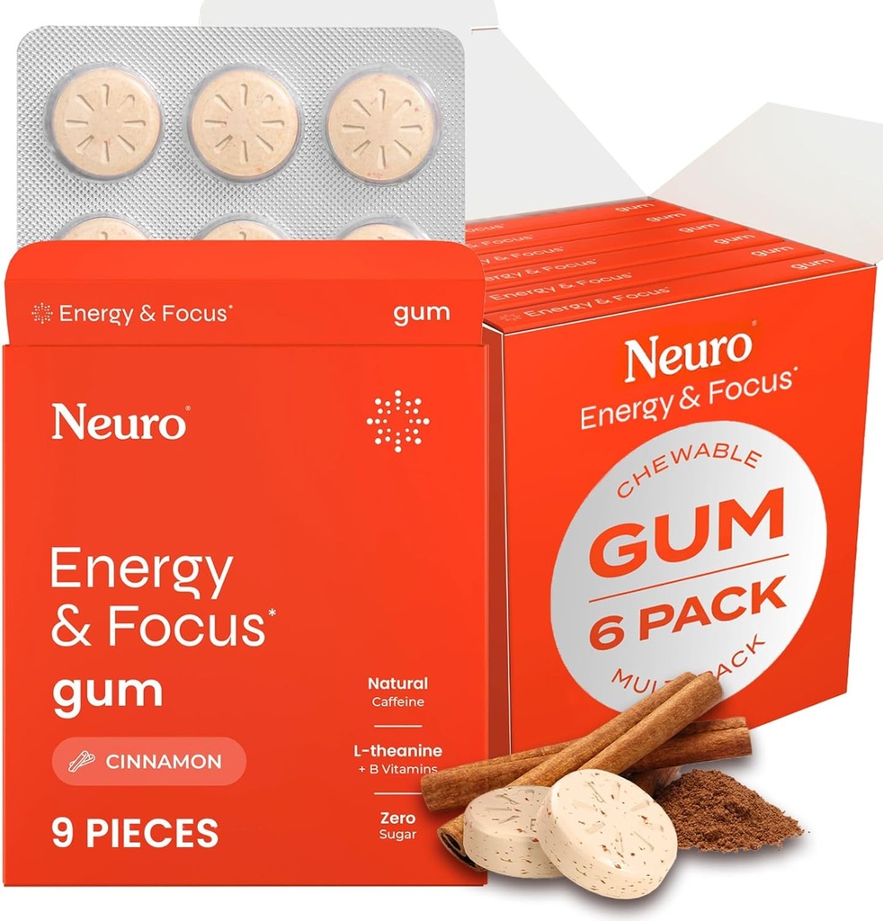 NeuroGum Energy & Focus Gum (54 Count-6 Pack, Cinnamon) | Caffeina naturale 40 mg + L-teanina + vitamina B12 & B6 + Xylitol | Supplemento di prestazioni del cervello cognitivo senza zucchero