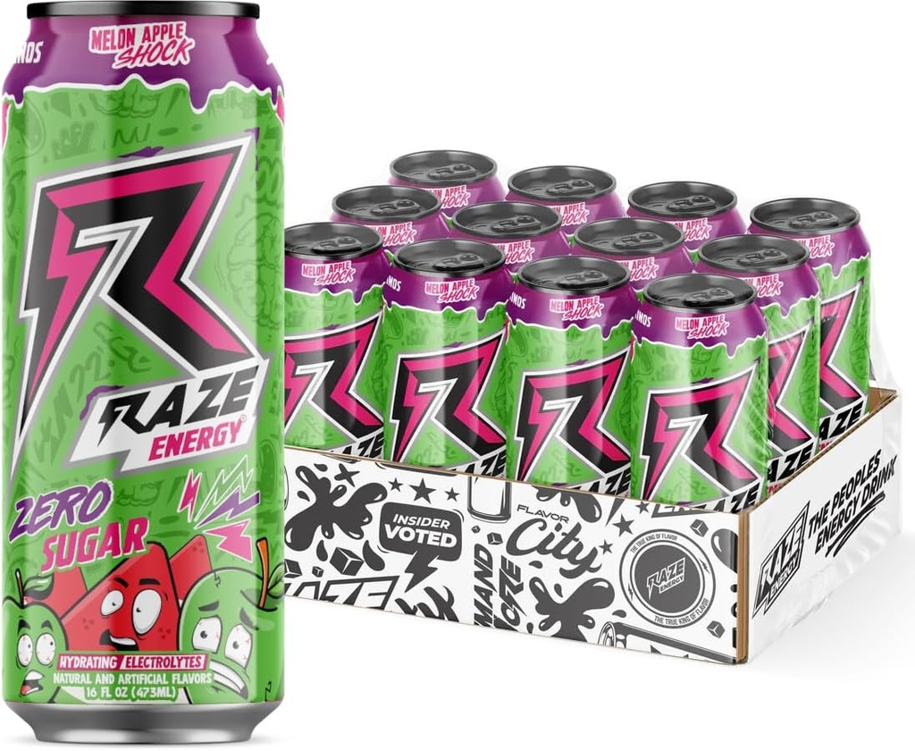 RAZE Zero Sugar Energy Drink, Caffeina 300mg, Calorie Zero, Prestazioni e Idratazione, Prime Choice Sugar Bevande Gratuite per Energia Sostenuta & Focus (Melon Apple Shock 12 Pack)