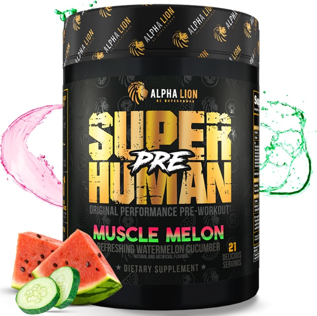ALPHA LION Superhuman Pre Workout Powder, Beta Alanine, L-Taurine & Tri-Source Caffeina per energia e messa a fuoco, Nitric Oxide & Citrulline per pompa (21 Serve, Muscle Melon)