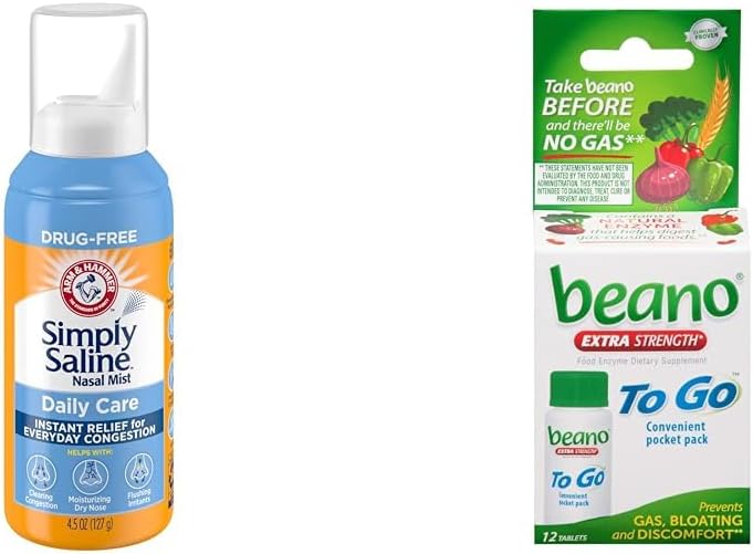 Arm & Hammer Simply Saline Nasal Spray 4.5oz & beano to Go Gas Relief Tablets 12 Conte