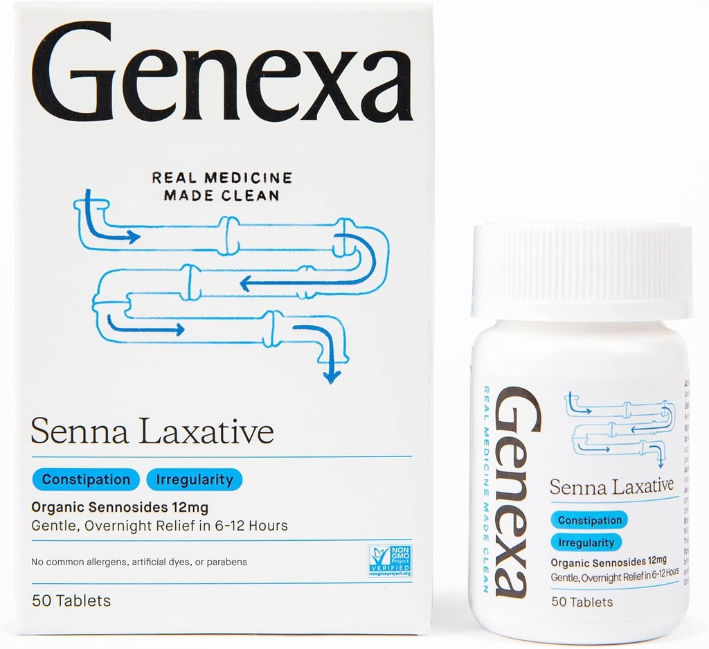 Genexa Senna Laxative Tablets | Irregularity & Constipation Relief | Gentle efficace, Lassativo notturno | Libero di Talc | Certificato Organico & Non OGM | 50 compresse