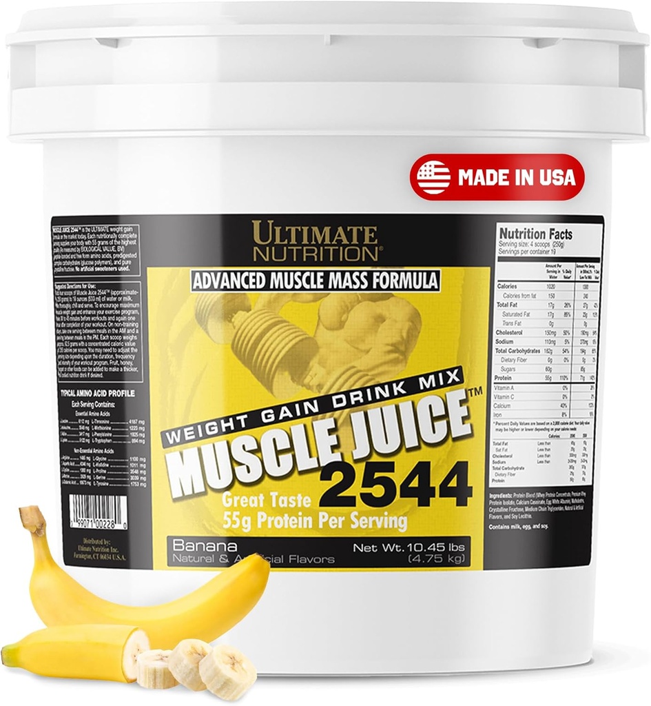 Ultimate Nutrition Muscle Juice, Weight Gain Drink Mix - Polvere di allenamento Mass Gainer per gli uomini e le donne - Supplemento per la crescita muscolare magra e supporto immunitario con 55g Protein - Banana, 10.45lb