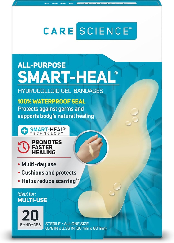 Care Science Smart Heal All-Purpose Hydrocolloid Gel Bandages, 20 ct | 100% impermeabile Sigillo, Riduce le cicatrici, per la cura dei tessuti o Blisters