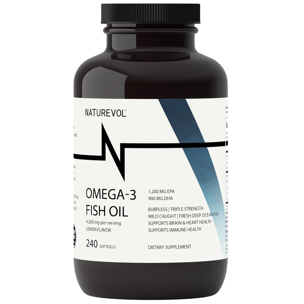 Triple Strength Omega 3 Fish Oil 4200mg - Burpless | Oltre 2200mg di omega 3 acidi grassi | 1200mg EPA + 900mg DHA | Migliori acidi grassi essenziali | Pesce di mare di Caught/Deep, Limone aromatizzato - 240 Softgels