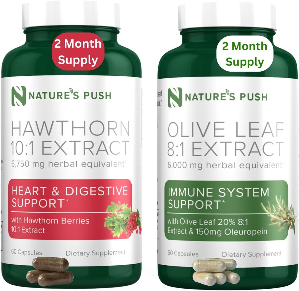 Estratto di bacche di biancospino della natura e foglia d'oliva Bundle di Super Potent 10:1 Estratto di bacche di biancospino (2 mesi di fornitura) e la foglia d'oliva Super Potent 8:1 Estratto 20% Oleuropein 750mg capsula (2 mesi di fornitura)