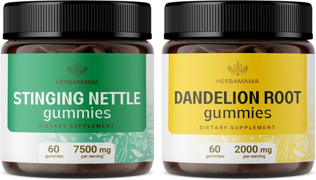 HERBAMAMAMA Sting Nettle and Dandelion Kit - Bundle di 7500 mg Sting Nettle Root & 2000 mg Dandelion Root Gummies - Vegan, Non-GMO, Gelatin-Free - 2 Pack