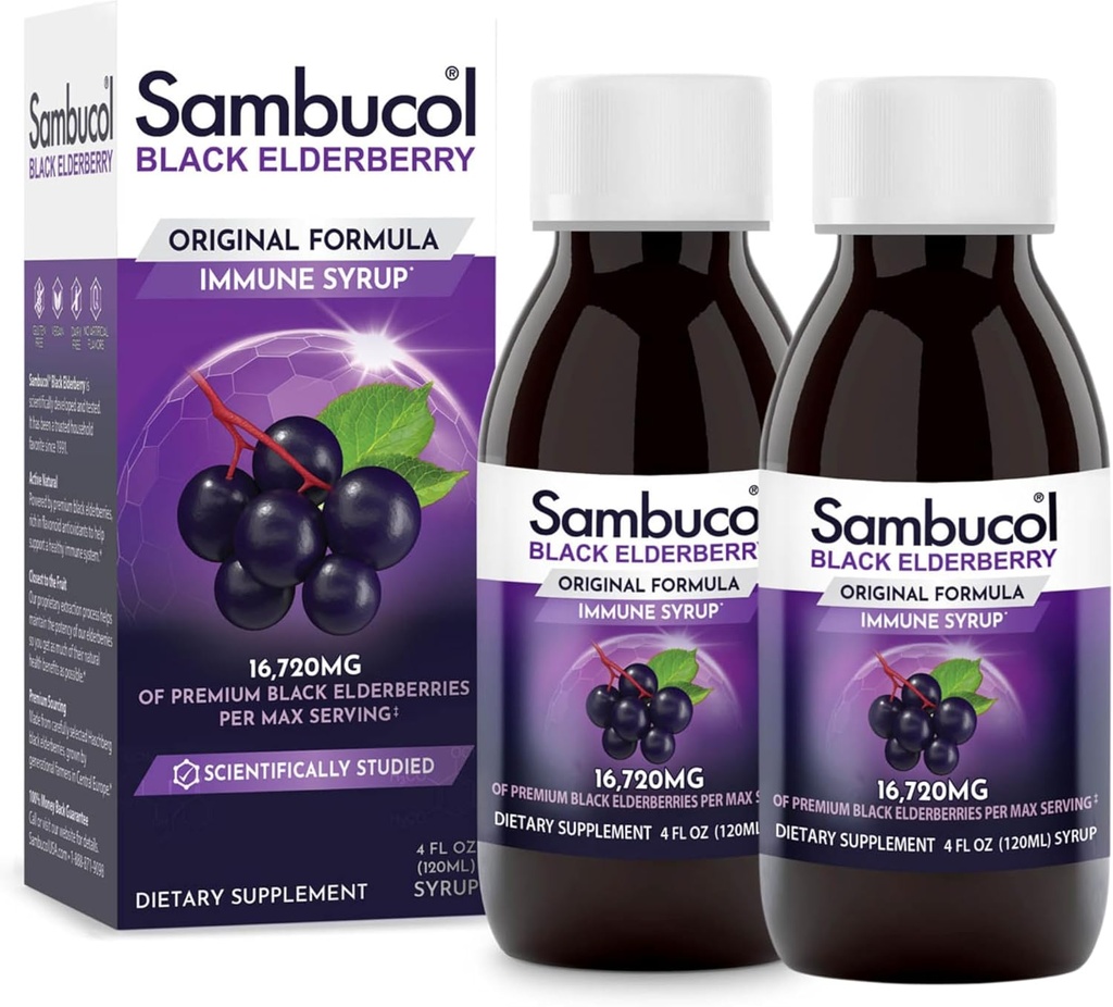 Sambucol Black Elderberry Syrup - Sambucus Elderberry Syrup, Black Elderberry Liquid, Supporto immunitario per bambini e adulti, Antiossidanti alti, Gluten Free - Formula originale, 4 Fl Oz, 2-Pack