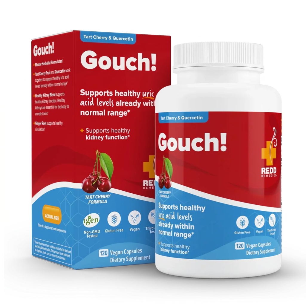 Redd Remedies, Gouch!, Supporto supplemento per articolazioni e livelli di acido urico, Incoraggia una risposta infiammatoria sana, Ciliegia Tart & Quercetin, 120 capsule vegane