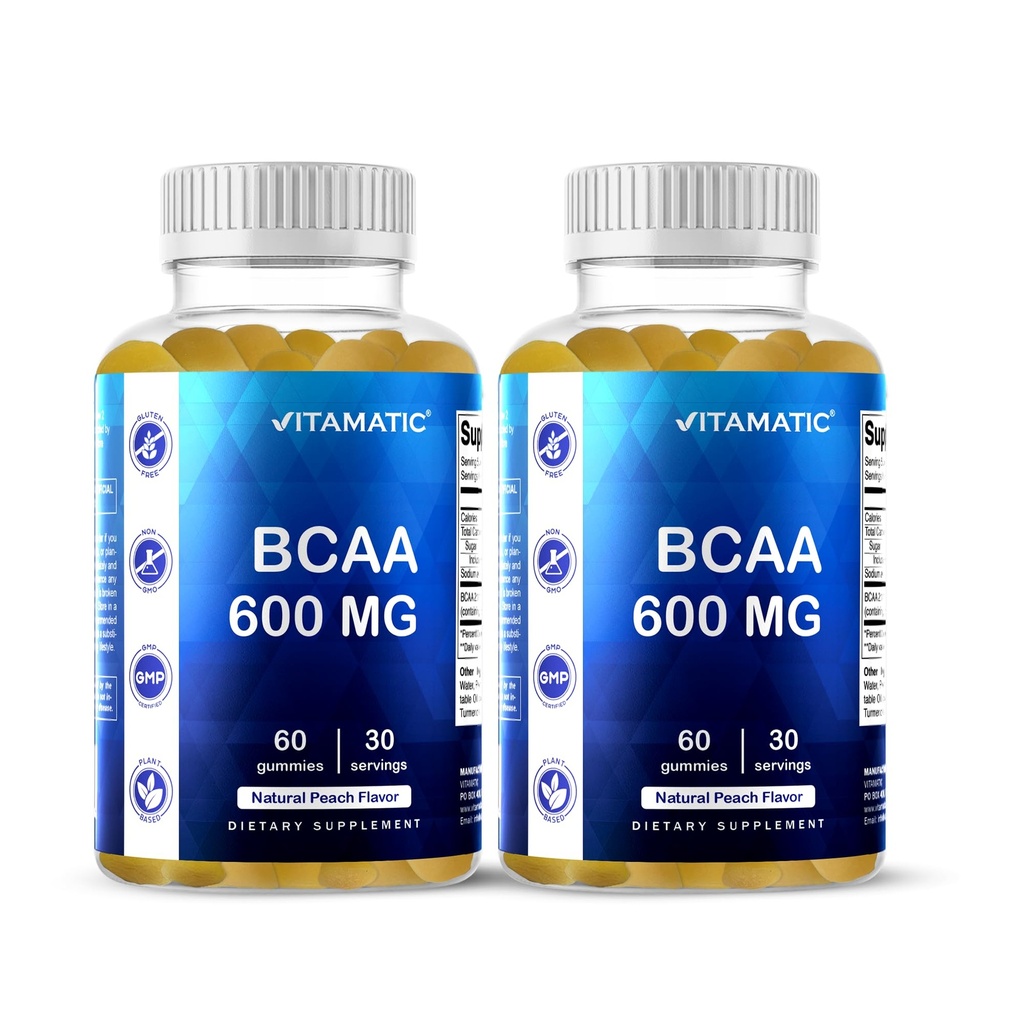 Vitamatic BCAA Gummies - Branch Catena Aminoacidi Integratori - Peach Flavor - 600mg per Serving - 60 Vegan Pectin Basato Gummies (2 Bottiglie)
