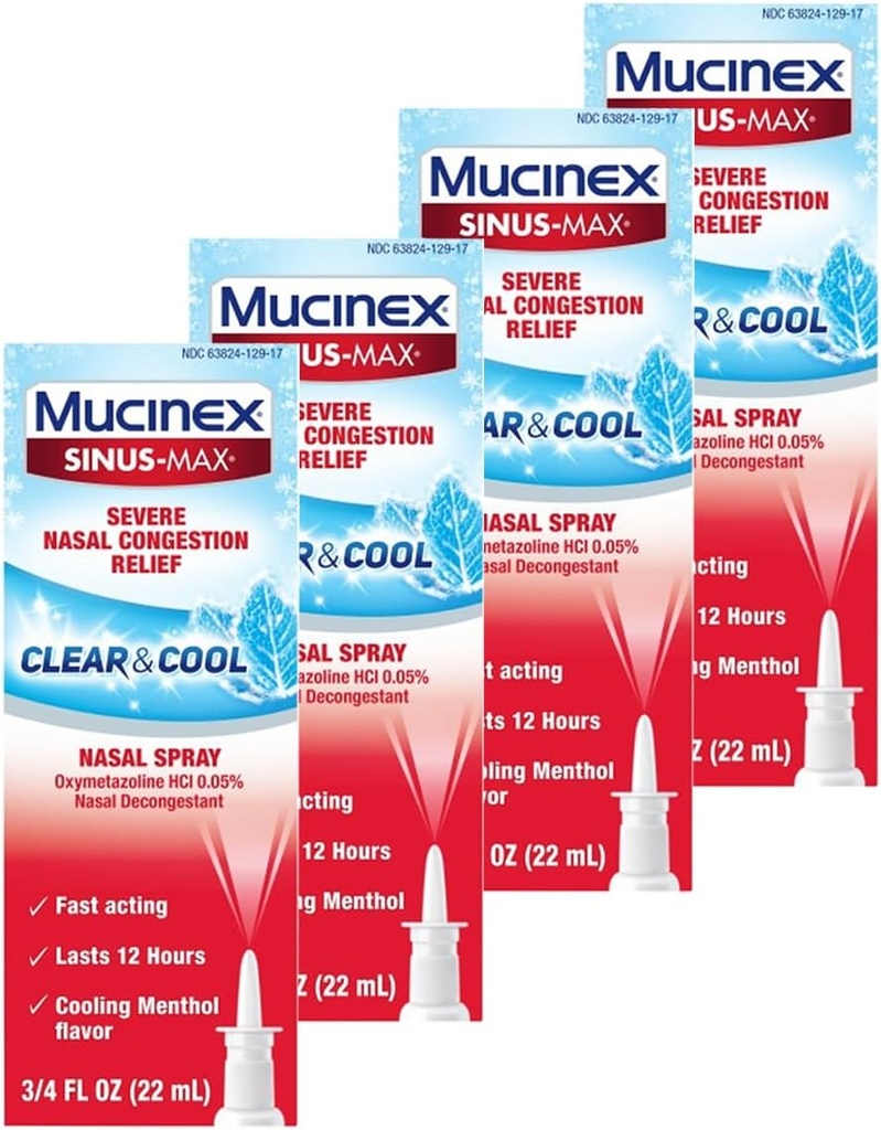 Mucinex Nasal Decongestant Spray, Sinus-Max Severe Nasal Congestion Relief Clear & Cool Nasal Spray, Ultimi 12 ore, Atteggiamento veloce, Raffreddamento Menthol Flavor, Imballaggio May Vary, 0.75 Fl Oz (Pack of 4)