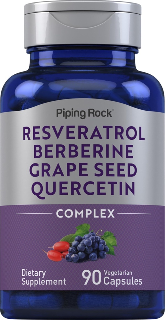 Piping Rock Resveratrol Berberine Grape Seed & Quercetin Complex | 90 capsule | Vegetariano, Non OGM e Gluten supplemento gratuito