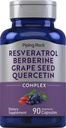Piping Rock Resveratrol Berberine Grape Seed & Quercetin Complex | 90 capsule | Vegetariano, Non OGM e Gluten supplemento gratuito