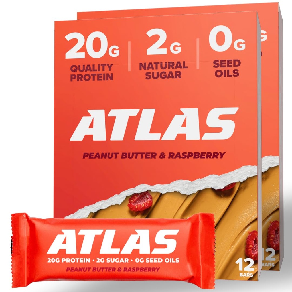 Atlas Protein Bar, 20g Protein, 1g Zucchero, Ingredienti puliti, Gluten Free (Peanut Butter Raspberry, 12 conte (Pack of 2))