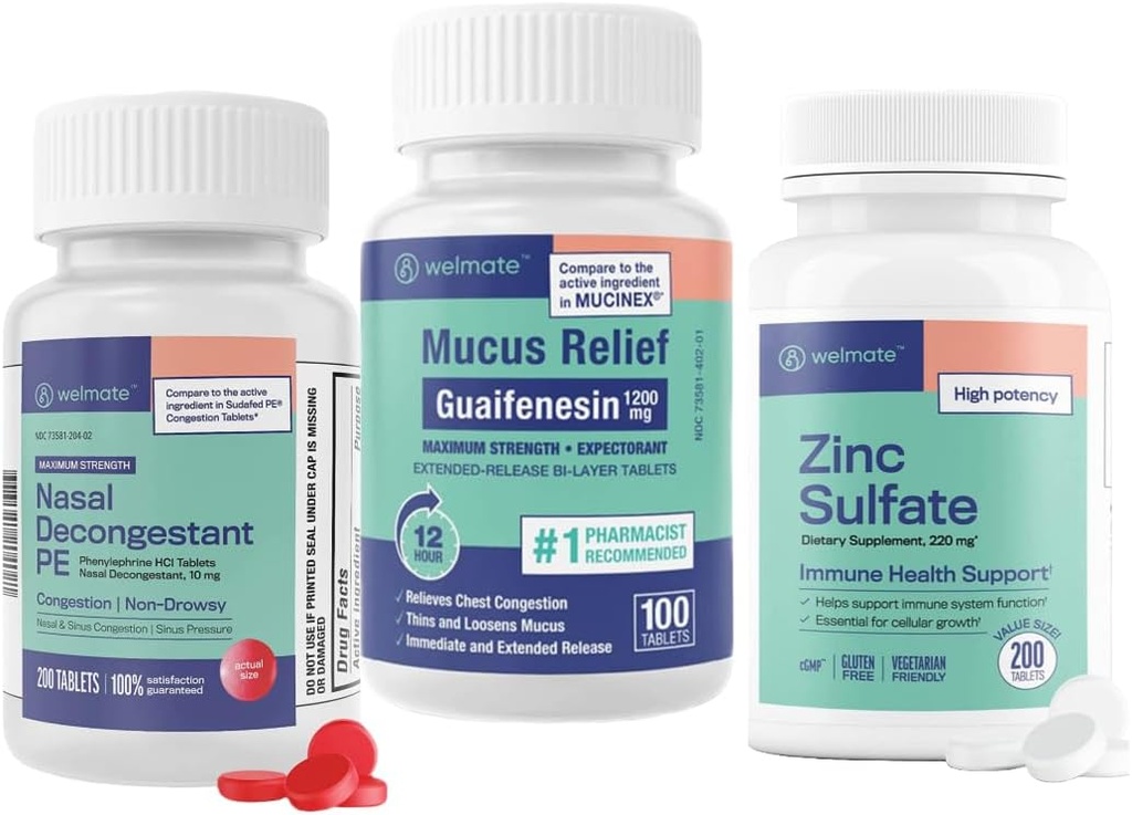 WELMATE Ultimate Cold & Allergy Relief Bundle: Massima resistenza Guaifenesin 1200 Mg Mucus Relief (100 compresse), Phenylephrine HCl 10 mg Nasal Decongestant (200 compresse) & Zinc Sulfate 220mg