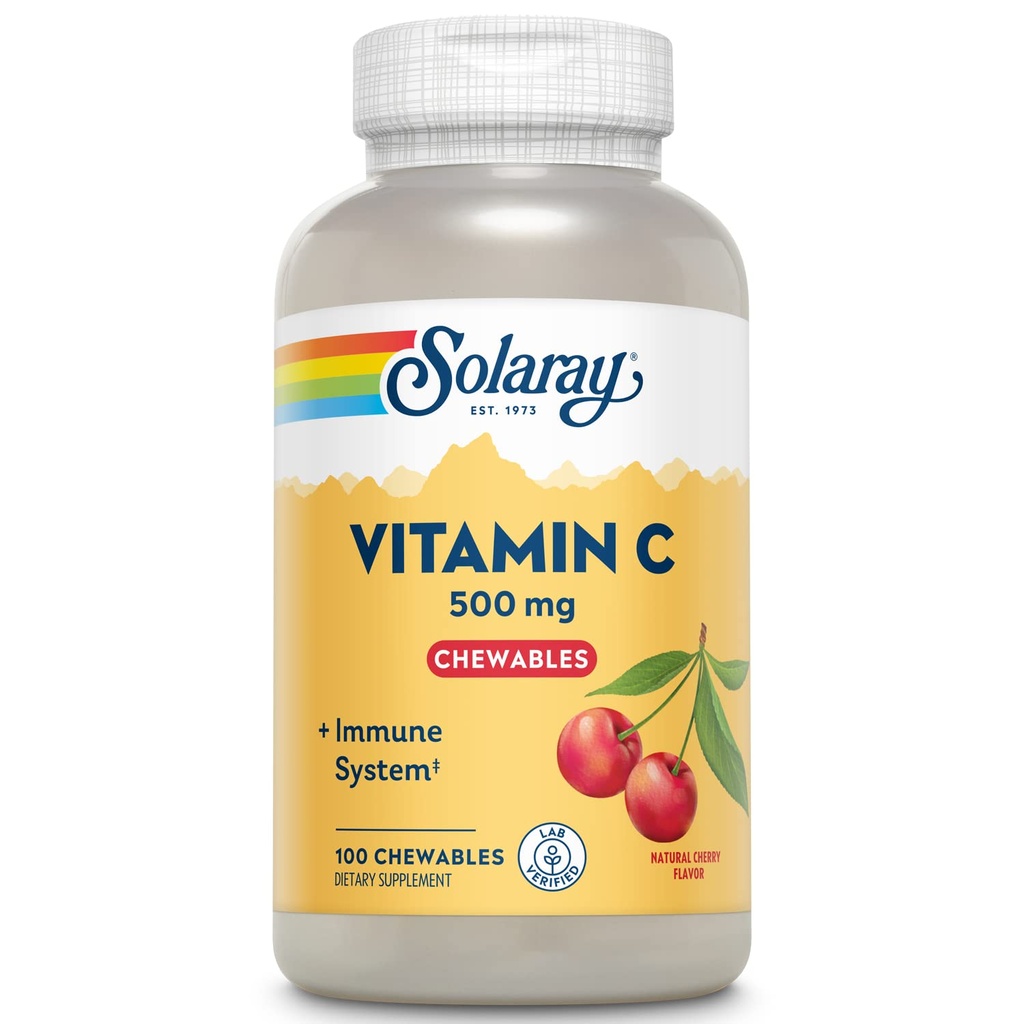 SOLARAY Chewable Vitamin C 500 mg, Natural Cherry Flavor with Natural Sweeteners, Antiossidante e Immune Support Supplement con Whole Food Base, 60-Day Guarantee, 100 Serve, 100 Chewables