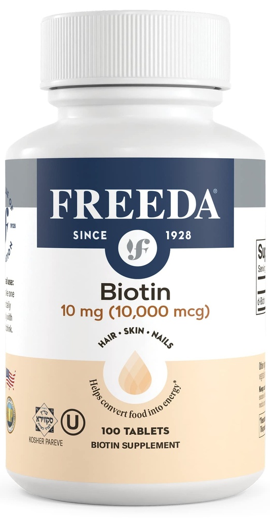 FREEDA Biotin 10.000 mcg – Kosher Hair, Skin & Nails Supplement – High-Potency B7 for Hair Growth & Strong Nails – Compresse vegane con D-Biotin – 100 Tiny Tablet