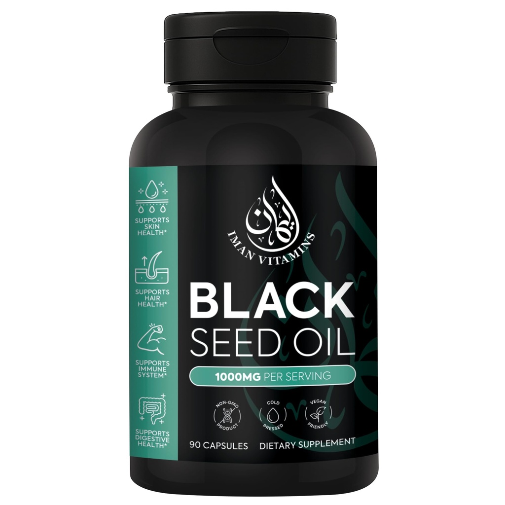 Halal Natural Black Seed Oil Capsule 1000mg Pressati a Freddo, Vegan, Non OGM Nigella Sativa Capsule, Gluten Free Pills | 90 Count, 1000mg PS