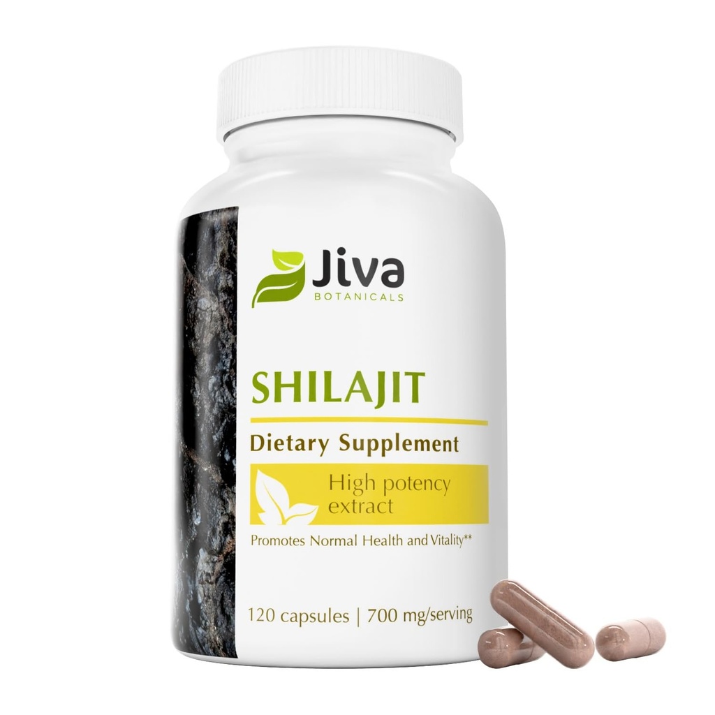Jiva Botanicals Premium Shilajit Supplement 700 mg - Estratto di capsule Shilajit con minerali, acido Fulvic/Humico per il supporto immunitario & Nomal Digestive Health - 120 Vegan Capsule (Pack of 1)