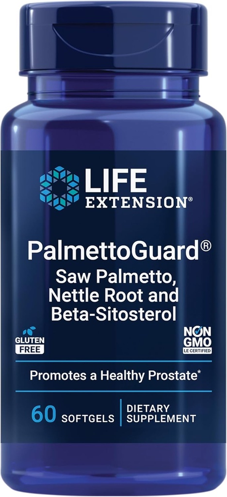 Estensione della vita PalmettoGuard® Saw Palmetto, Nettle Root e Beta-Sitosterol, Supporta il metabolismo della prostata sana e dell'ormone, 160 mg di Saw Palmetto per gli uomini, senza glutine, non OGM, 60 softgels