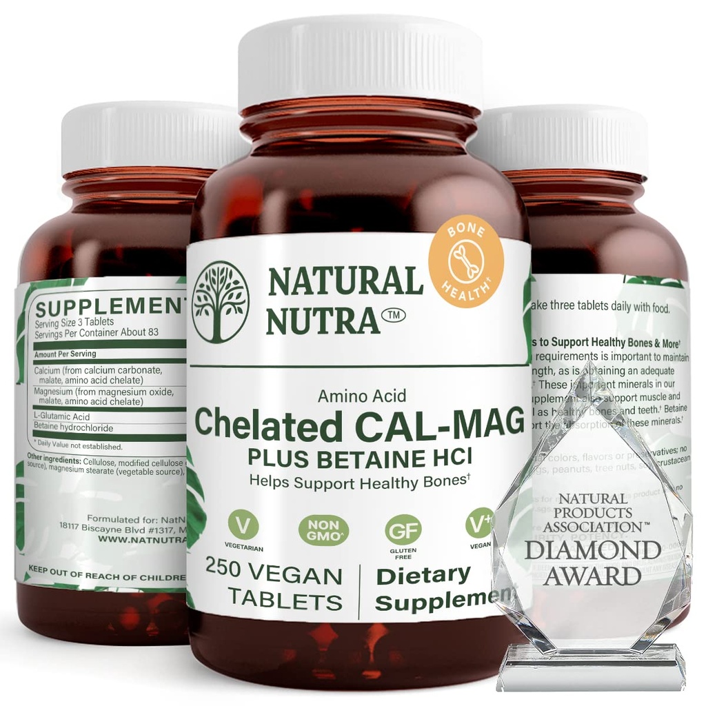 Nutra naturale Chelata Calcio Magnesio 1000/500 mg Integratori Plus Betaine HCL - Chelated Cal Mag Migliora la densità di ossa, Supporta il muscolo, denti, cardiovascolare & Nerve Salute, 250 compresse vegane
