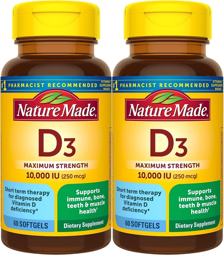 Vitamina D3 10000 IU (250 mcg), Integratore alimentare per Bone, Denti, Supporto per la salute muscolare e immunitaria, 60 Softgel, 60 giorni di alimentazione - Confezione da 2