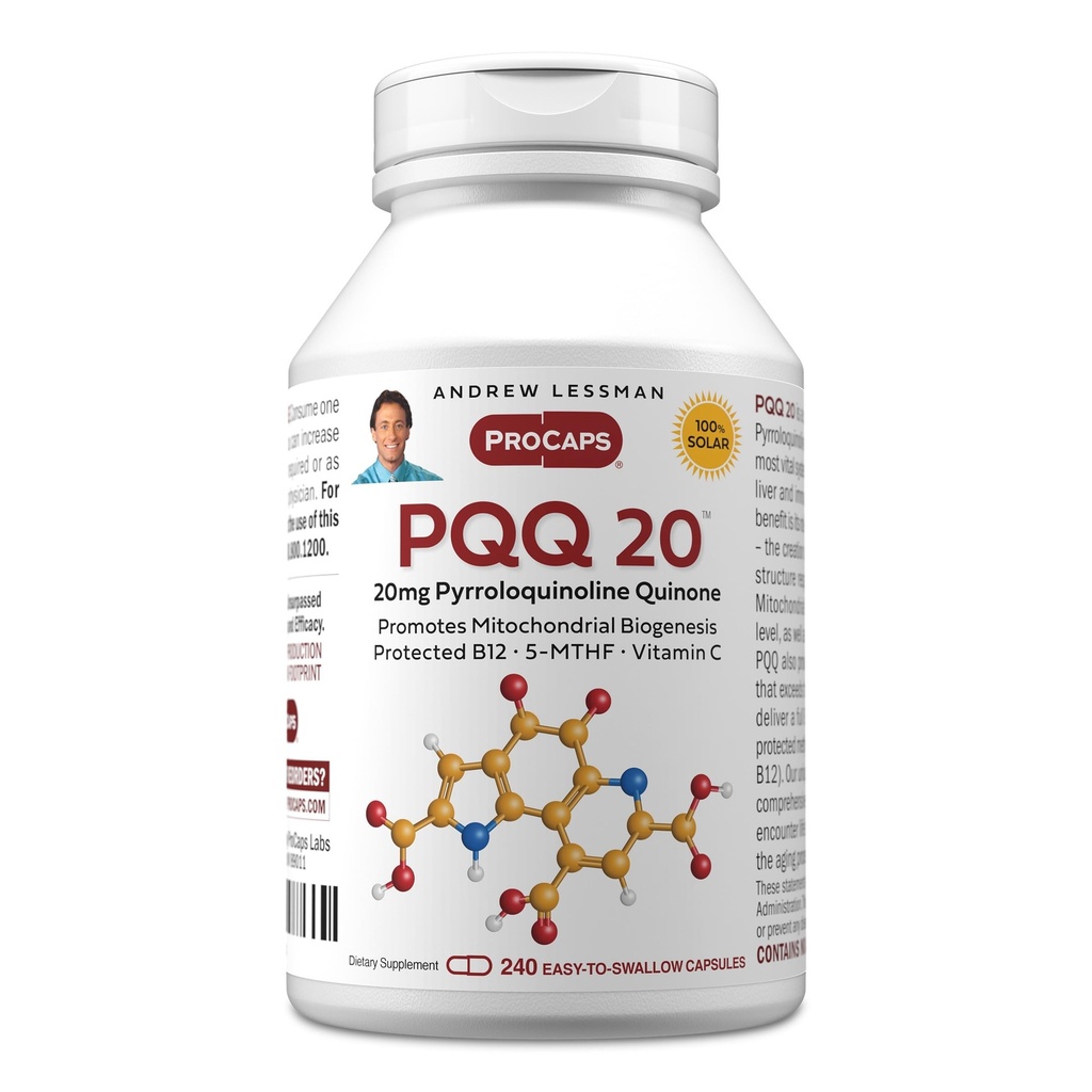 ANDREW LESSMAN PQQ 20mg - 240 Capsules - 20mg Pyrroloquinoline Quinone, Natural Protective Compound Supporta organi vitali, cuore, cervello, fegato, sistema immunitario. Biogenesi mitocondriale, senza additivi