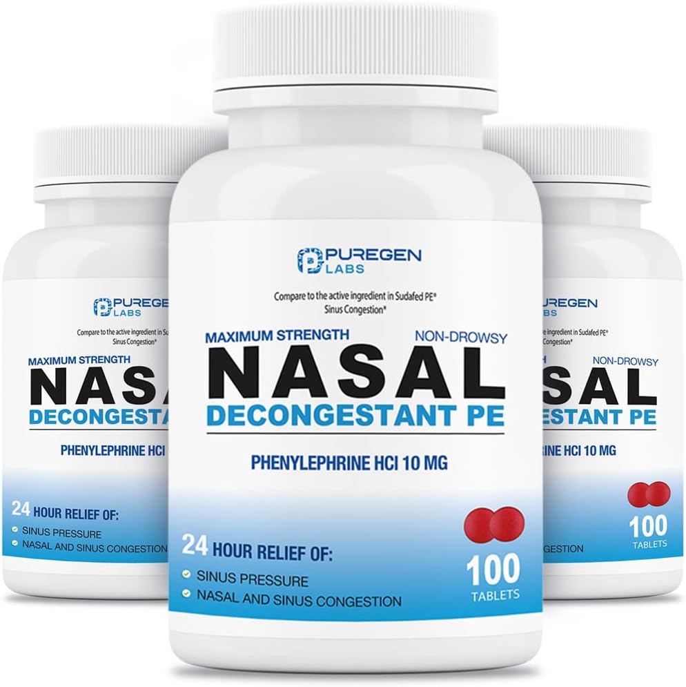 Puregen Labs Nasal Decongestant PE 3 Pack - 300 compresse Totale | Phenylephrine HCl 10 mg | Massima resistenza | Non Drowsy Nasal & Sinus Congestion Relief a causa di freddo o allergie