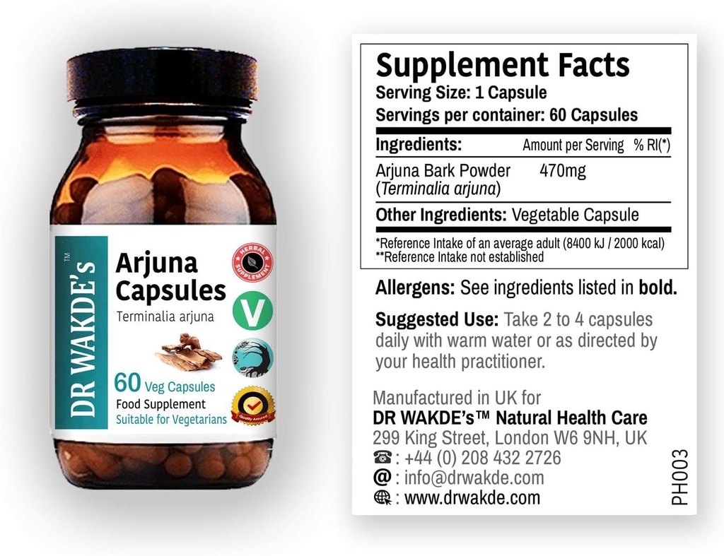 DR WAKDE's Arjuna Capsules (Terminalia arjuna) | 60 Veg Caps | Ayurvedic Supplement | Vegan | 100% Herbal | Quantità Sconti | Same Day Dispatch