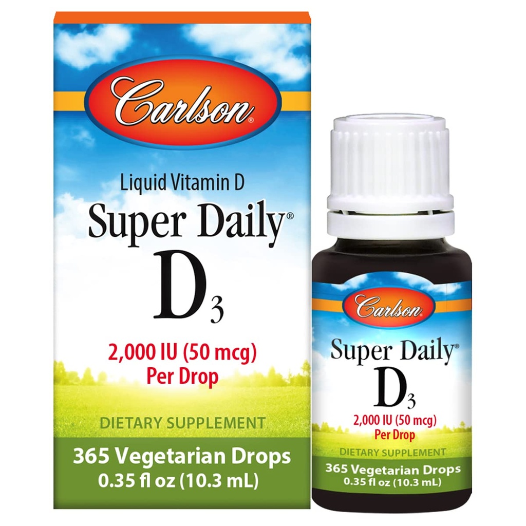 Carlson - Super Daily D3, Vitamina D Drops, 2000 IU per Drop, 1-Year Supply, Vitamina D3 Liquido, Cuore e Salute Immune, Vegetariano, Liquido Vitamina D Gocce, Non aromatizzato, 365 Gocce