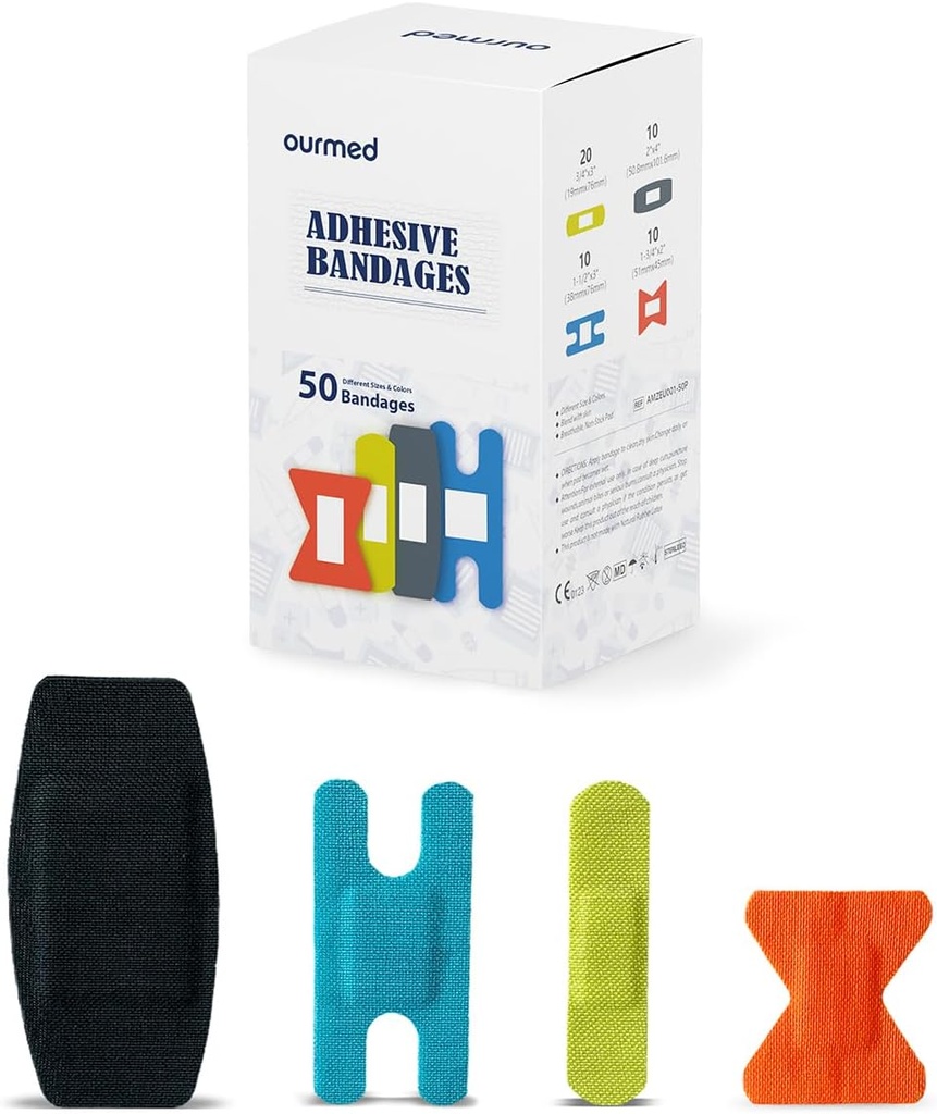Bandages in tessuto flessibile con pad non-Stick, Latex Free, Rainbow Colors Adhesive Bandage First Aid Wound Care for Cuts, Scrapes, Blisters, Taglie assortite, 50 Count