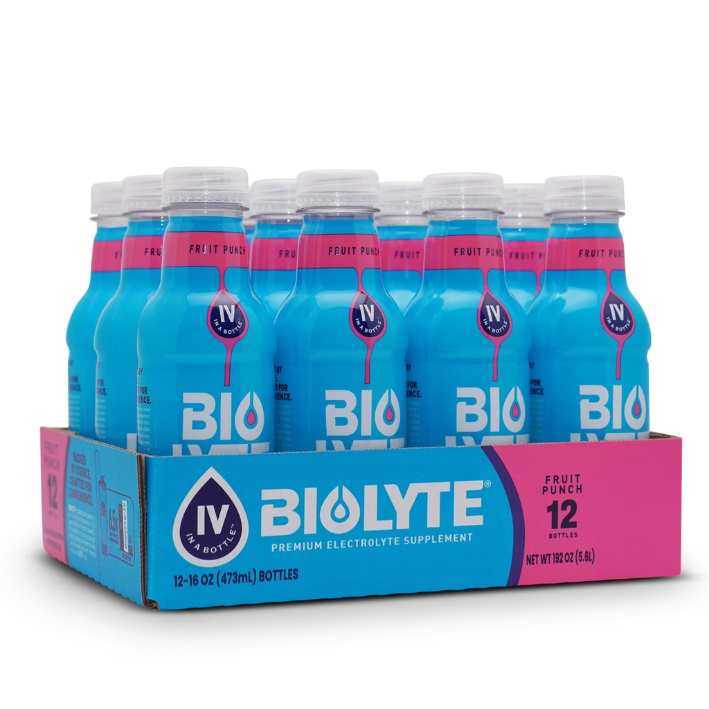 BIOLYTE Electrolyte Drink - Doctor-Formulated Hydration Drink, Electrolytes Water, Chemotherapy deve avere per le donne e gli uomini, Rehydration IV Liquid in una bottiglia - Fruit Punch, 16 Fl Oz (12 Pack)