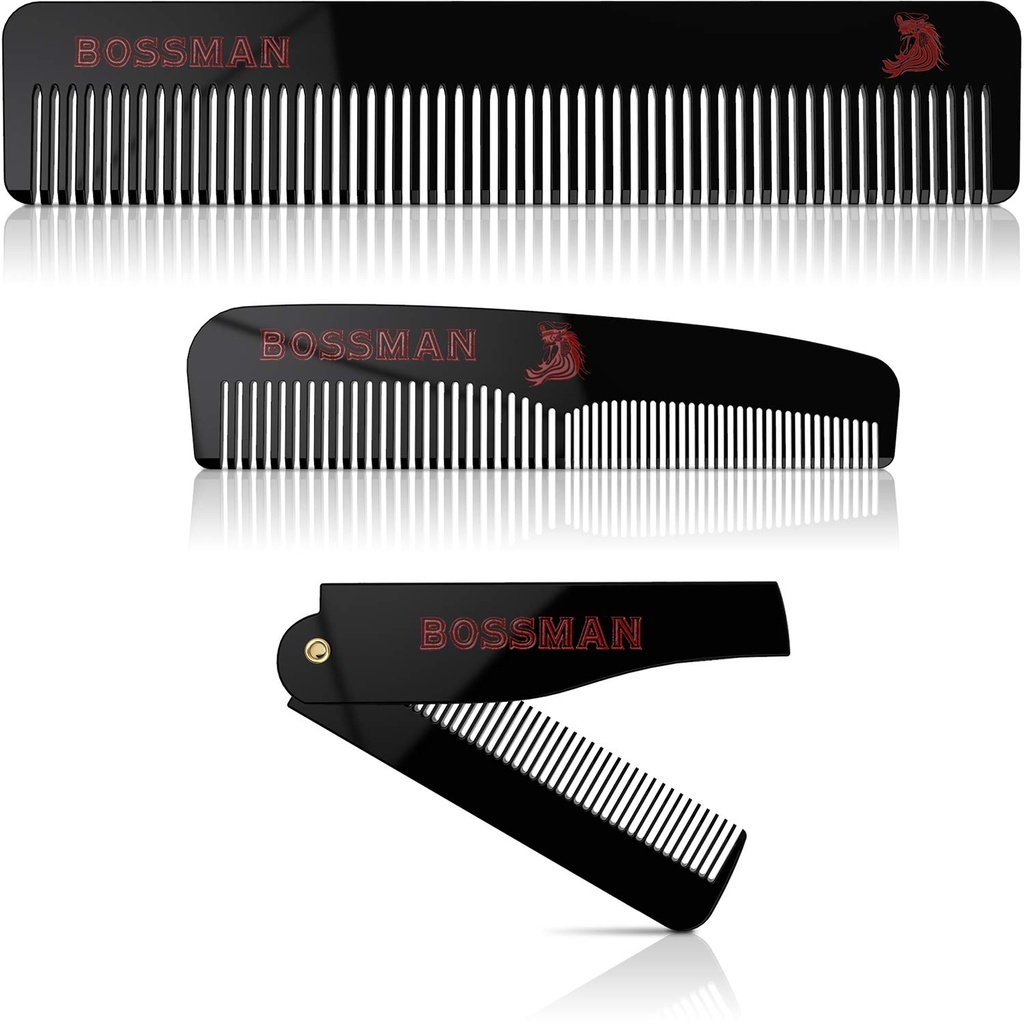Cuscinetto acetato Bossman, Mustache, & Hair Comb Set di 3 - Combs per gli uomini con scatola magnetica minimalistica (7.5-Inch, 5-Inch, 3.5-Inch) - Caratteristiche denti arrotondati, denti a doppio sedile e design pieghevole