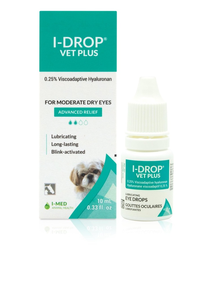 I-DROP VET PLUS: Gocce per gli animali domestici | Lubricate Acute/Seasonal Dry Eyes | Superior Comfort | Rilievo a lunga durata | Applicazione inferiore necessaria, 0.25% Hyaluronan | Bottiglia a dose multipla | Una bottiglia da 10 ml